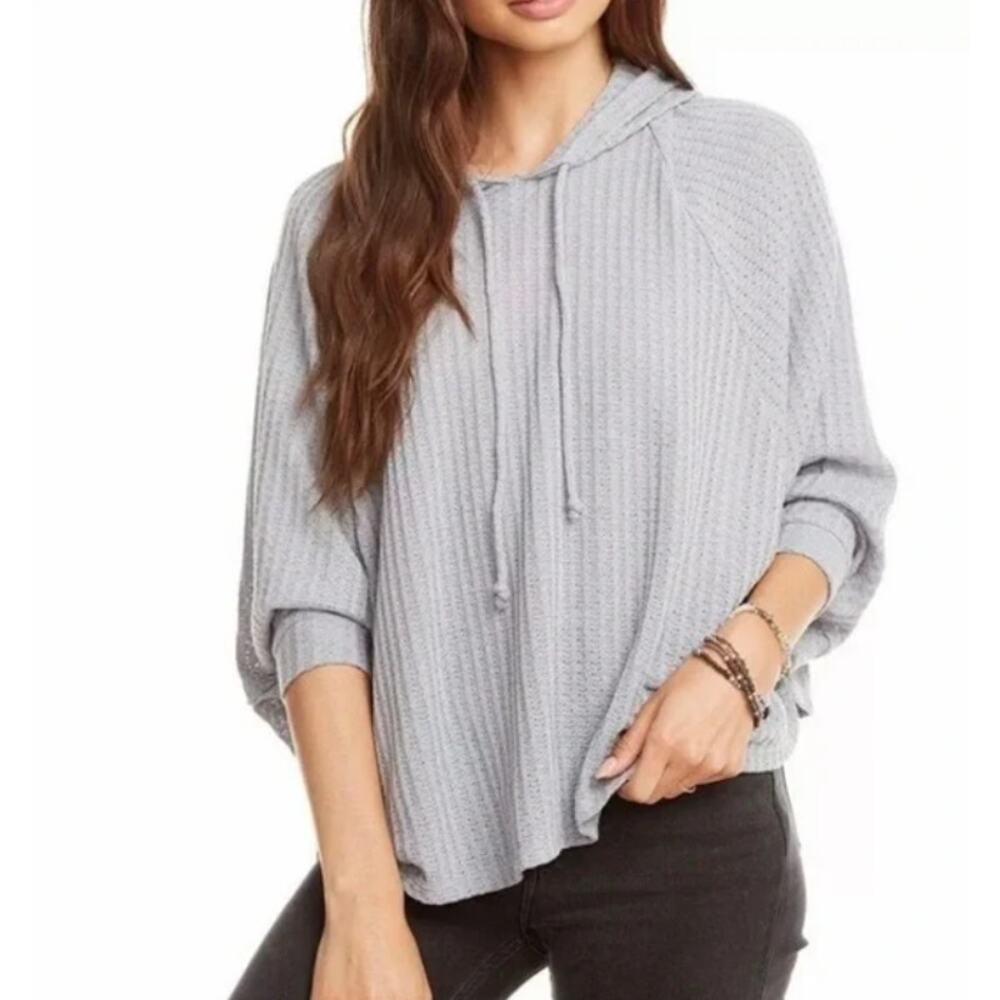 Chaser Waffle Knit Long Sleeve Top With Hood in Gray Size Medium